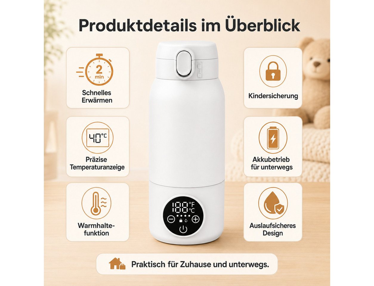 Lisabonde Babyflaschenwärmer Tragbarer Baby Flaschenwärmer für unterwegs, 500ml Akku-Betrieb, LCD-Display, USB-C-Schnellladefunktion, IPX6 wasserdicht