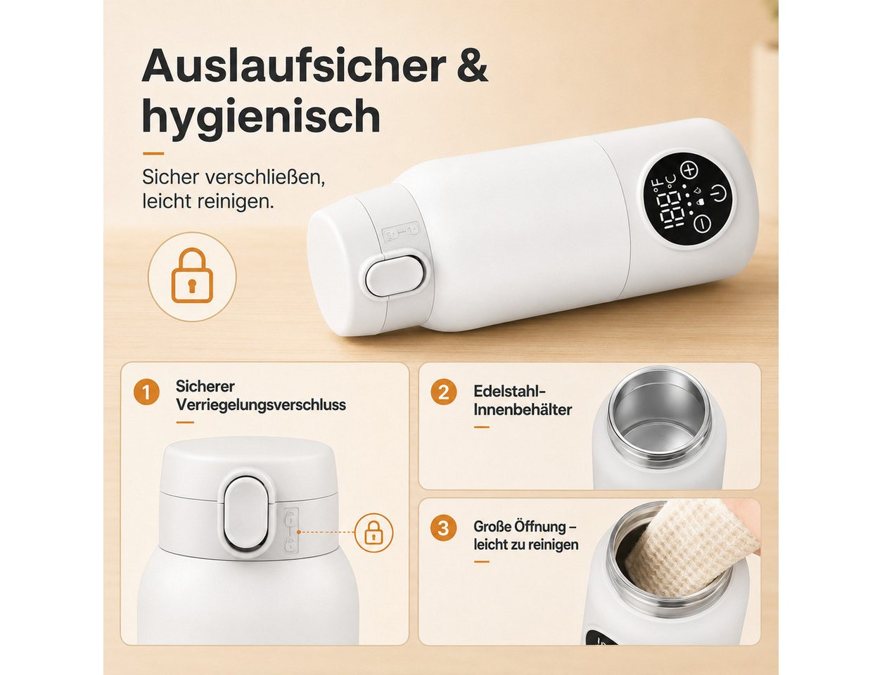 Lisabonde Babyflaschenwärmer Tragbarer Baby Flaschenwärmer für unterwegs, 500ml Akku-Betrieb, LCD-Display, USB-C-Schnellladefunktion, IPX6 wasserdicht Bild 4