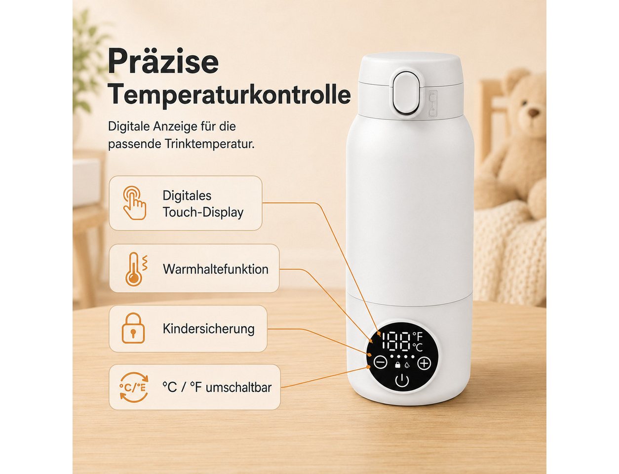 Lisabonde Babyflaschenwärmer Tragbarer Baby Flaschenwärmer für unterwegs, 500ml Akku-Betrieb, LCD-Display, USB-C-Schnellladefunktion, IPX6 wasserdicht Bild 5