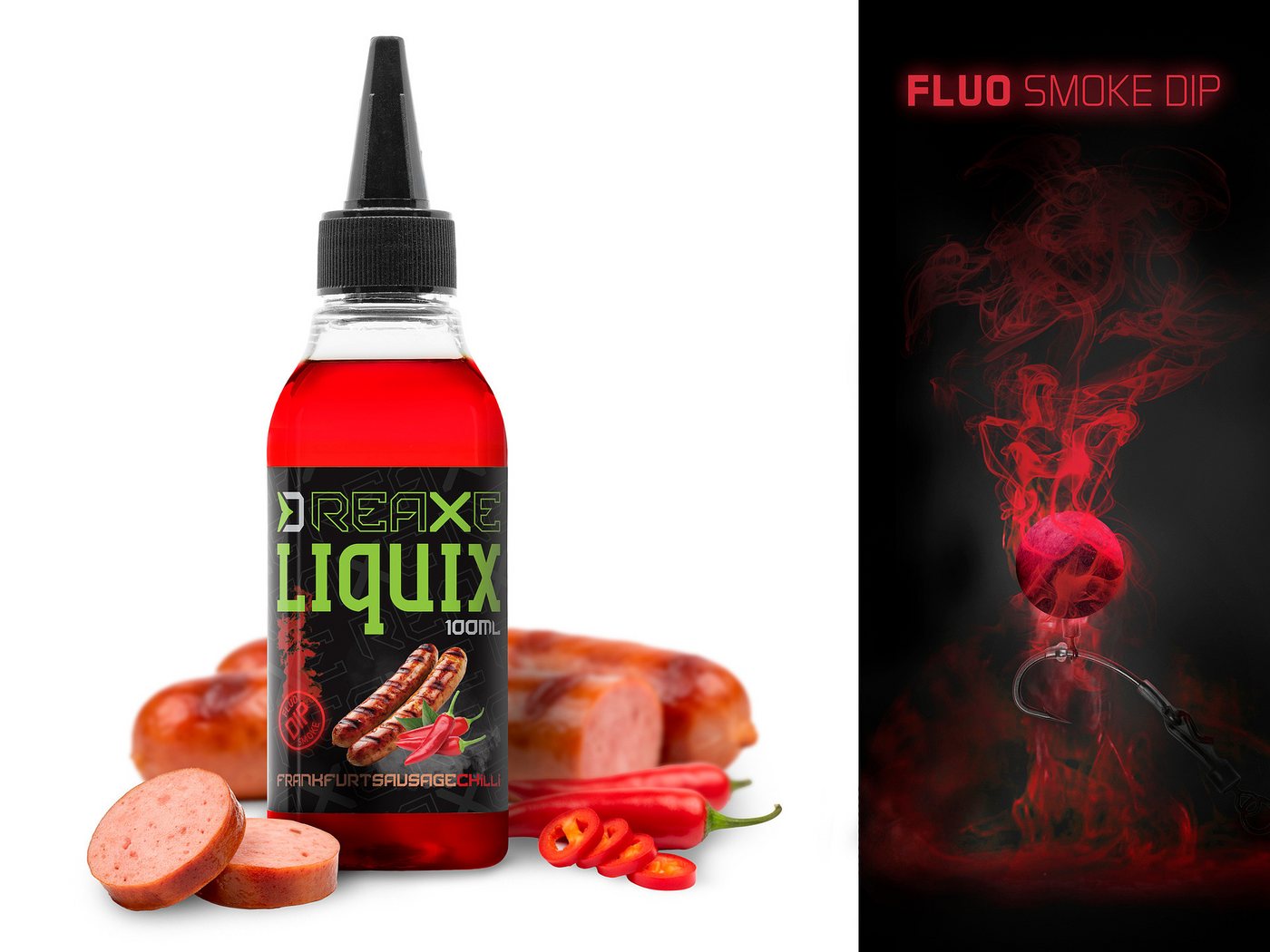 Delphin.sk Kunstköder Fluo dip D SNAX LiquiX 100ml / Frankfurter Wurst – Chili / Köder, D SNAX LiquiX löst die PVA-Produkte nicht auf