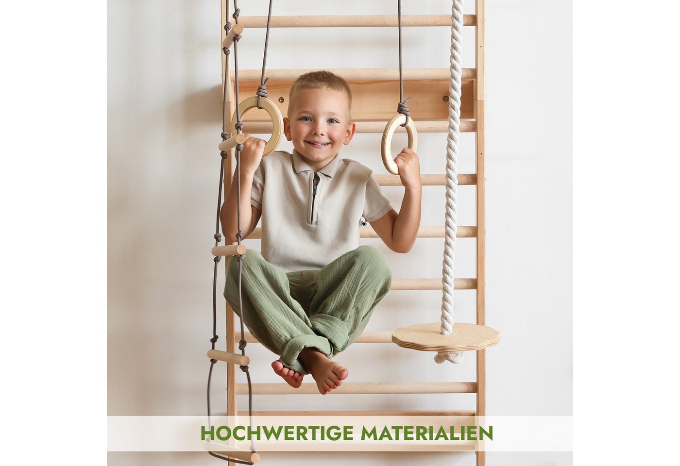 Goodevas Sprossenwand Klettergerüst für Kinder, Montessori Holz-Spielplatz, (Schaukel, Turnringen, Kletternetz, Strickleiter & Monkeybars)