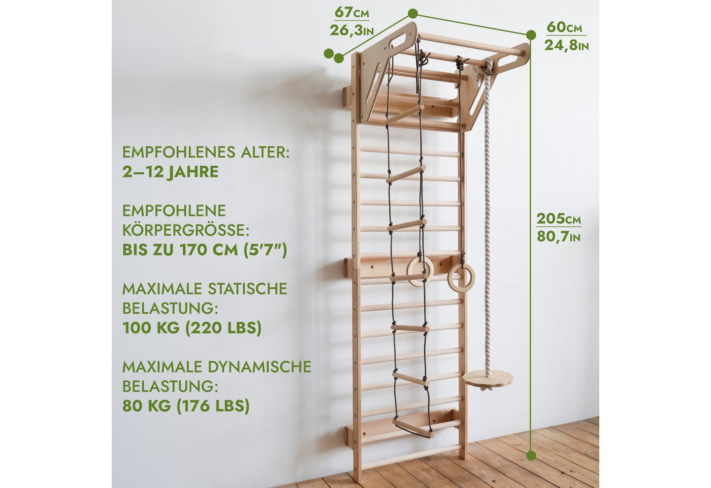 Goodevas Sprossenwand Klettergerüst für Kinder, Montessori Holz-Spielplatz, (Schaukel, Turnringen, Kletternetz, Strickleiter & Monkeybars) Bild 2