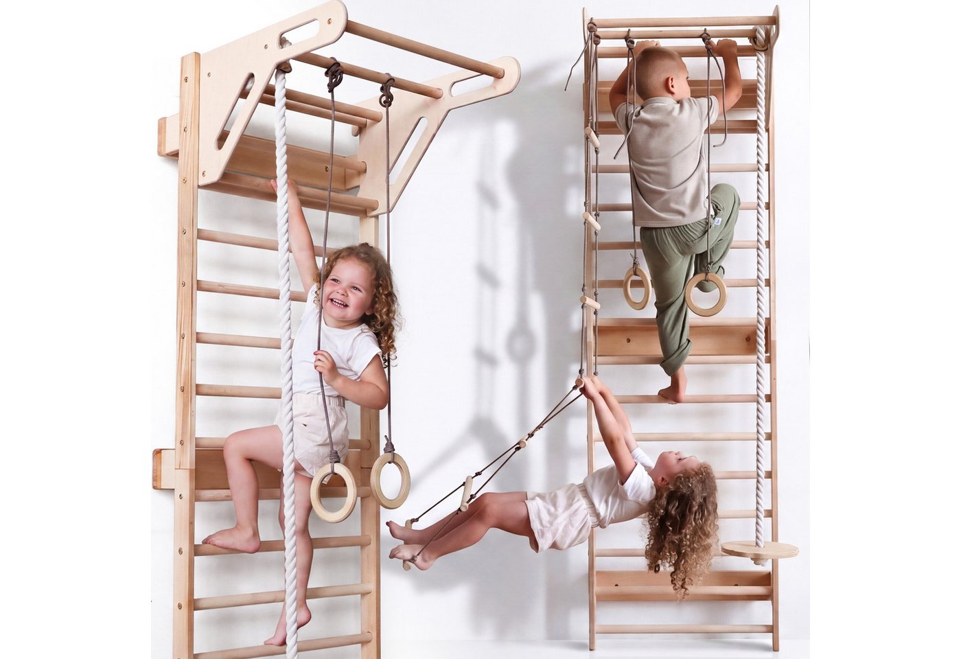 Goodevas Sprossenwand Klettergerüst für Kinder, Montessori Holz-Spielplatz, (Schaukel, Turnringen, Kletternetz, Strickleiter & Monkeybars) Bild 3