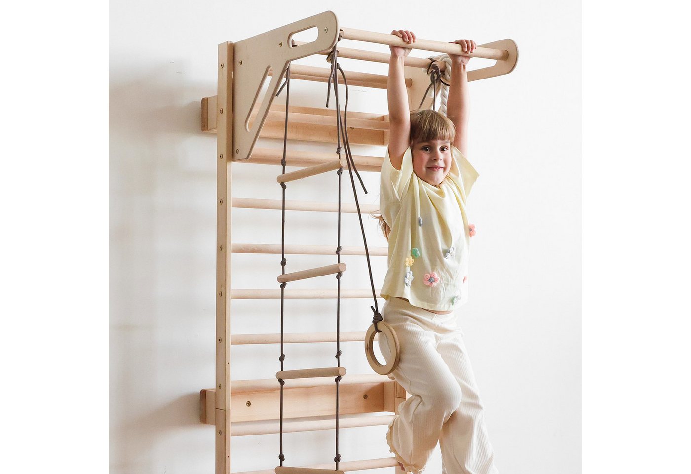Goodevas Sprossenwand Klettergerüst für Kinder, Montessori Holz-Spielplatz, (Schaukel, Turnringen, Kletternetz, Strickleiter & Monkeybars) Bild 4