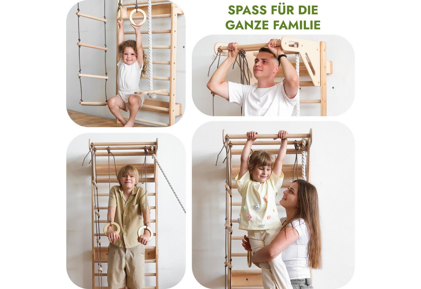 Goodevas Sprossenwand Klettergerüst für Kinder, Montessori Holz-Spielplatz, (Schaukel, Turnringen, Kletternetz, Strickleiter & Monkeybars) Bild 5