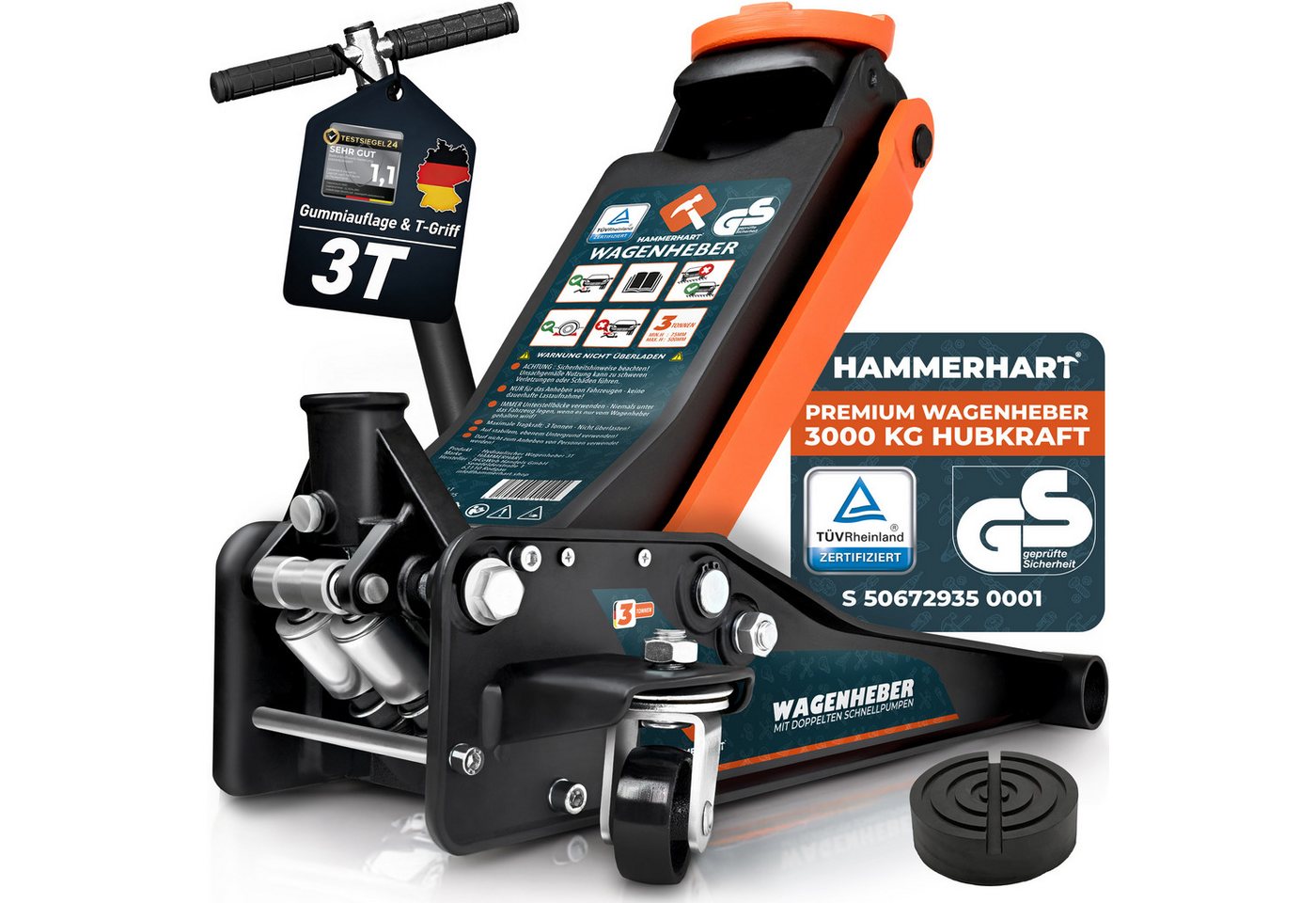 HAMMERHART Wagenheber Hydraulischer Wagenheber 3T, TÜV geprüft, 75–505 mm, max. Hubhöhe: 50,5 cm, Premium Wagenheber für alle PKWs bis 3 Tonnen, Premium Wagenheber 3 Tonnen