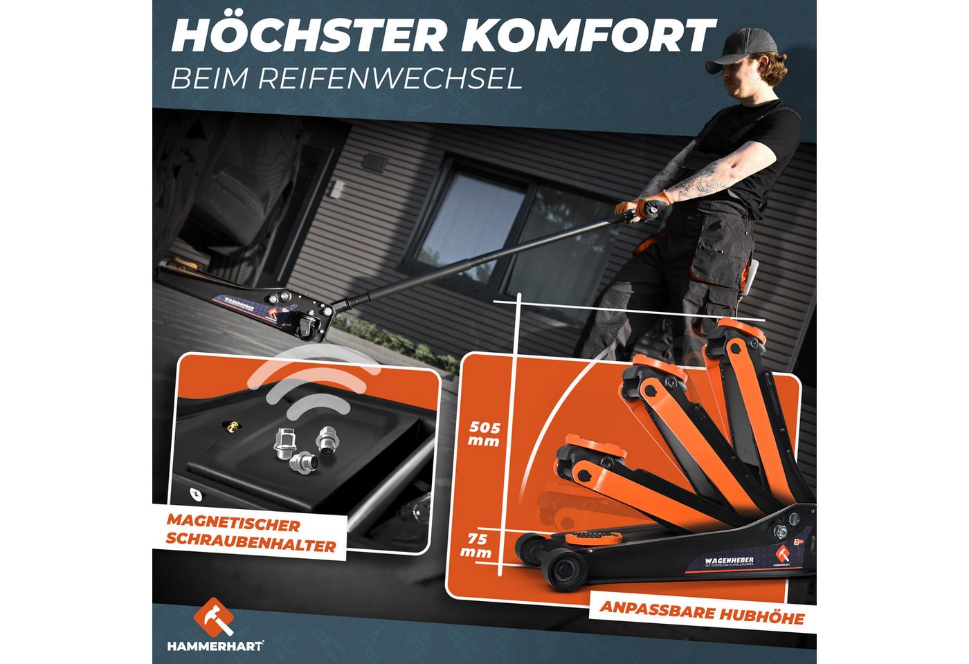 HAMMERHART Wagenheber Hydraulischer Wagenheber 3T, TÜV geprüft, 75–505 mm, max. Hubhöhe: 50,5 cm, Premium Wagenheber für alle PKWs bis 3 Tonnen, Premium Wagenheber 3 Tonnen Bild 2