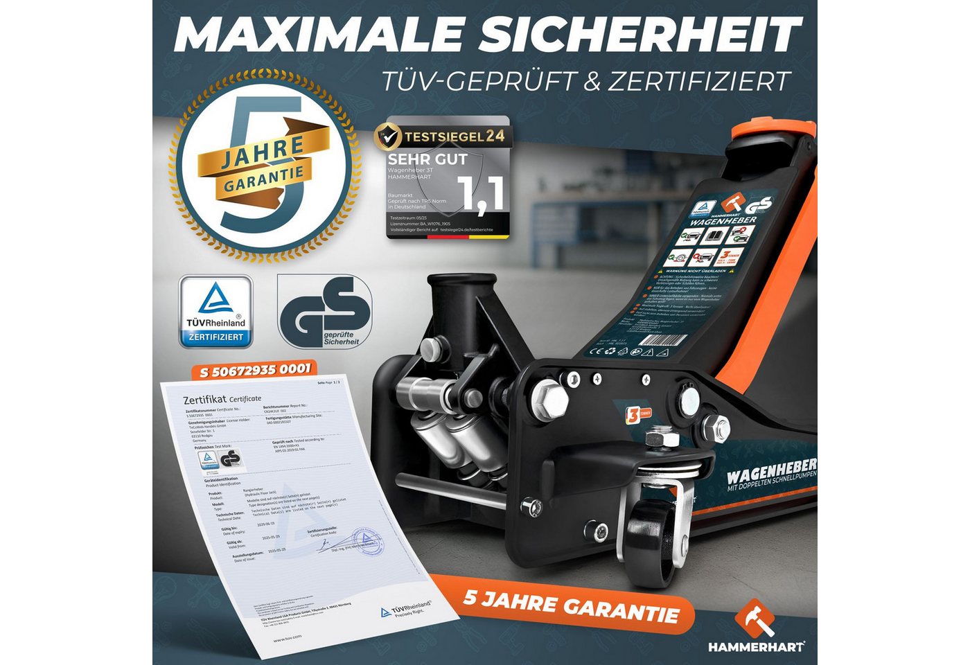 HAMMERHART Wagenheber Hydraulischer Wagenheber 3T, TÜV geprüft, 75–505 mm, max. Hubhöhe: 50,5 cm, Premium Wagenheber für alle PKWs bis 3 Tonnen, Premium Wagenheber 3 Tonnen Bild 3
