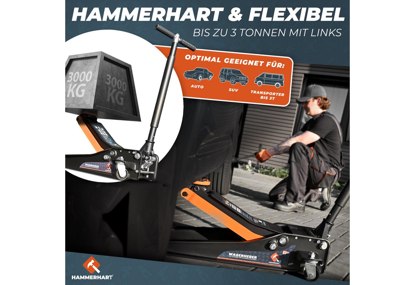 HAMMERHART Wagenheber Hydraulischer Wagenheber 3T, TÜV geprüft, 75–505 mm, max. Hubhöhe: 50,5 cm, Premium Wagenheber für alle PKWs bis 3 Tonnen, Premium Wagenheber 3 Tonnen Bild 5