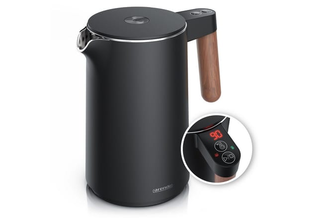 Arendo Wasserkocher Edelstahl, Doppelwand, Temperatureinstellung 45° - 100 °C mit Anzeige, 1,5 l, 2200 W, Warmhaltefunktion, 360° Basis, mit Griff in Holzoptik, BPA-frei
