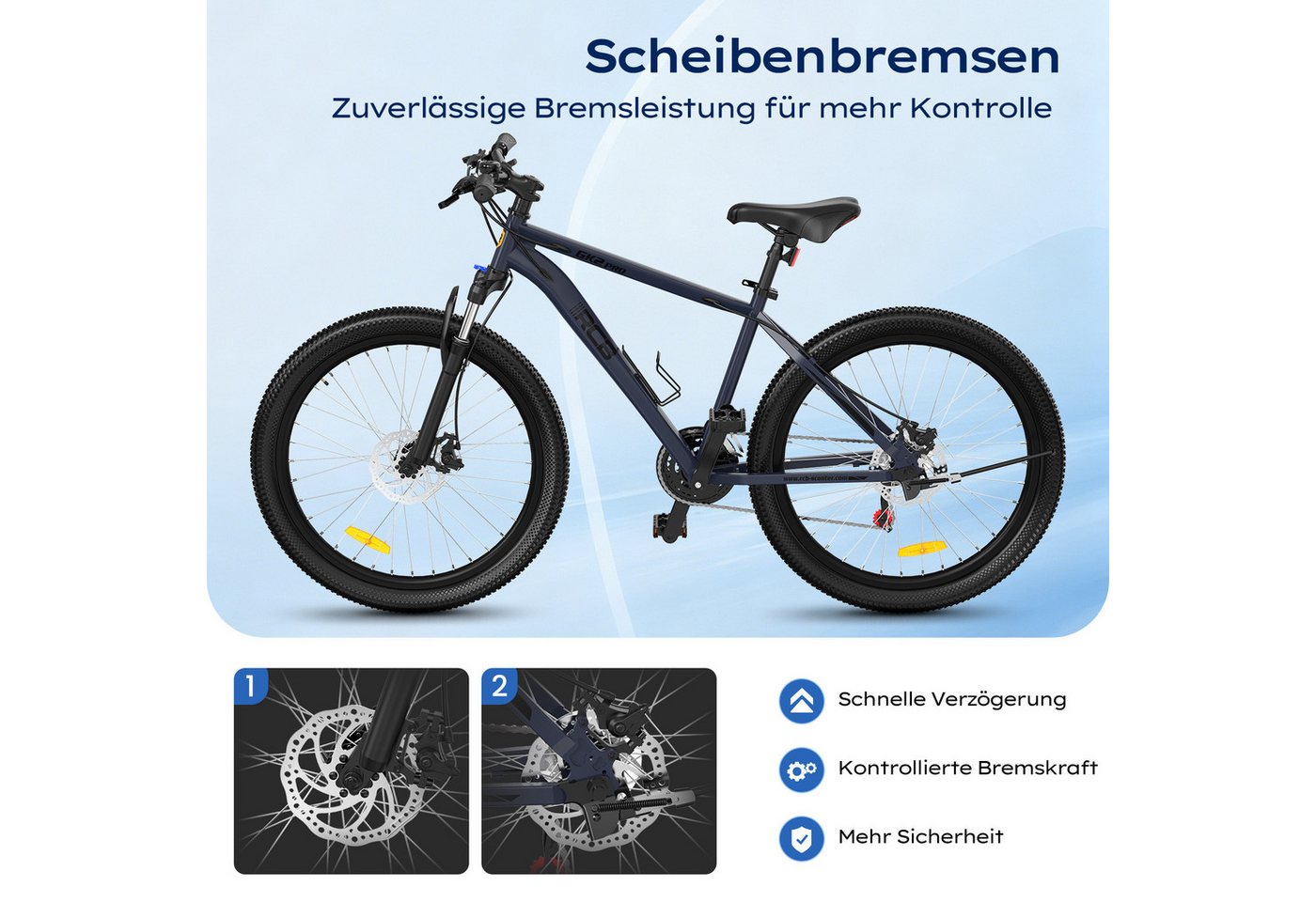 RCB Mountainbike GK2 PRO 27,5 Zoll mit Federgabel, Vorderradfederung & Scheibenbremsen, 21 Gang, Kettenschaltung, Aluminium-Rahmen – leicht und robust, mit Reflektoren & Flaschenhalter Bild 4