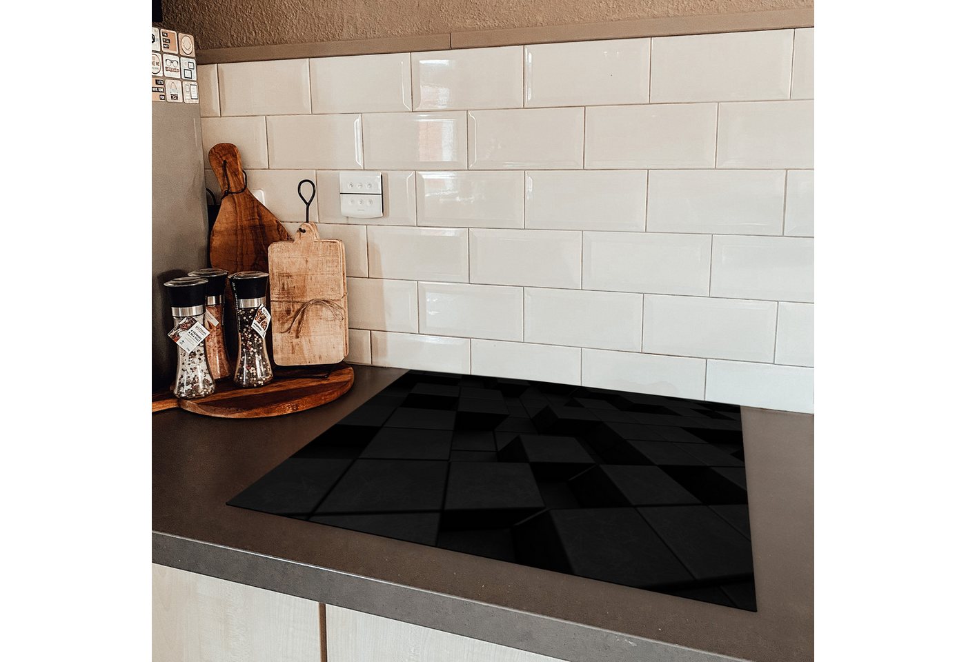 MuchoWow Herd-Abdeckplatte Würfel - Schwarz - Weiß - Muster, Vinyl, (1 tlg), Abdeckung Induktionskochfeld Schutzmatte, Küche Deko, 65x52 cm
