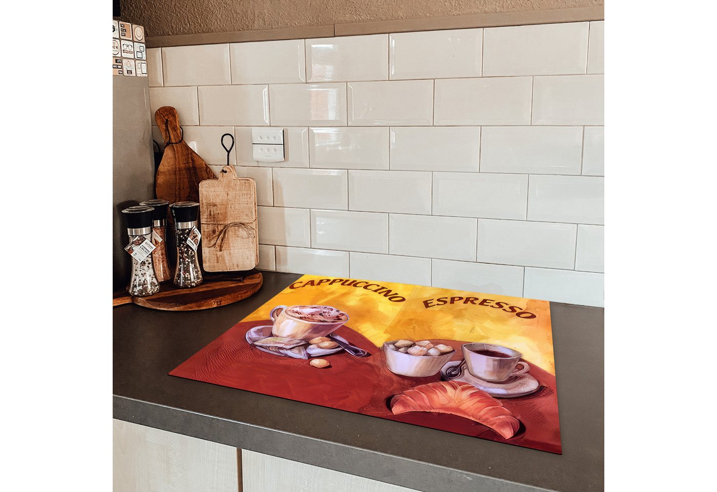 MuchoWow Herd-Abdeckplatte Cappuccino - Espresso - Kaffee - Vintage, Vinyl, (1 tlg), Herdabdeckplatten für Ceranfeld, Induktionsschutz, 65x55 cm