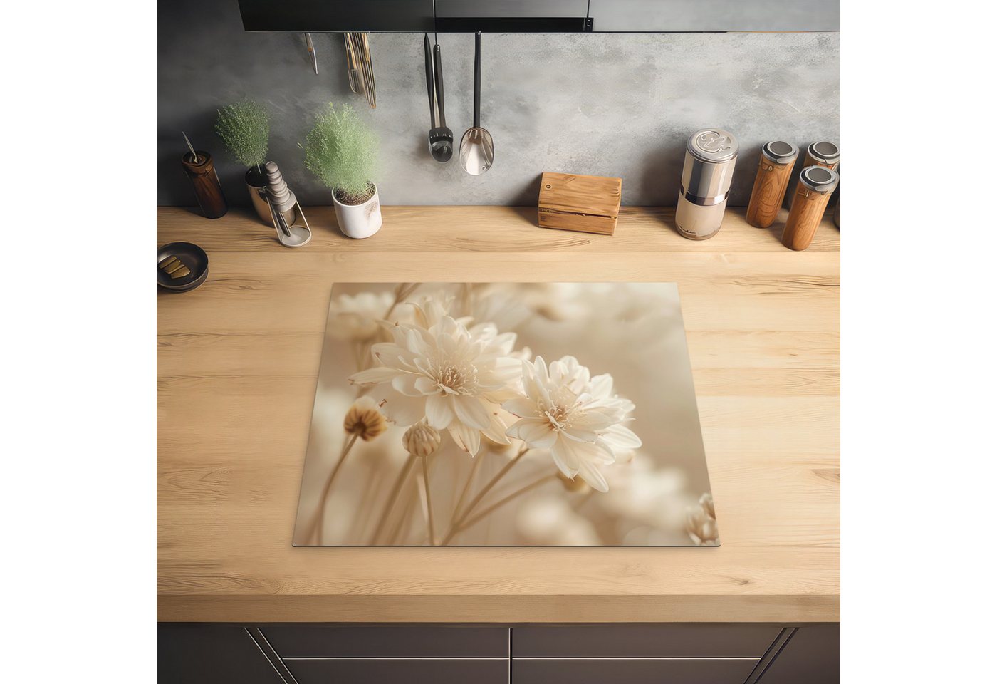 MuchoWow Herd-Abdeckplatte Blumen - Beige - Natur, Vinyl, (1 tlg), Abdeckplatte für Ceranfeld, Herd Inductionsmatte, 57.6x51.6 cm