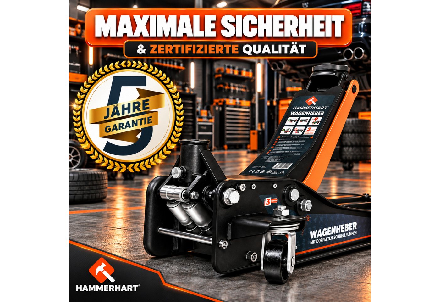 HAMMERHART Wagenheber Hydraulischer Wagenheber 3T, Flach, Doppelkolben, 75–460 mm, max. Hubhöhe: 46 cm, Premium Wagenheber 3 Tonnen, Wagenheber 3 Tonnen Bild 2