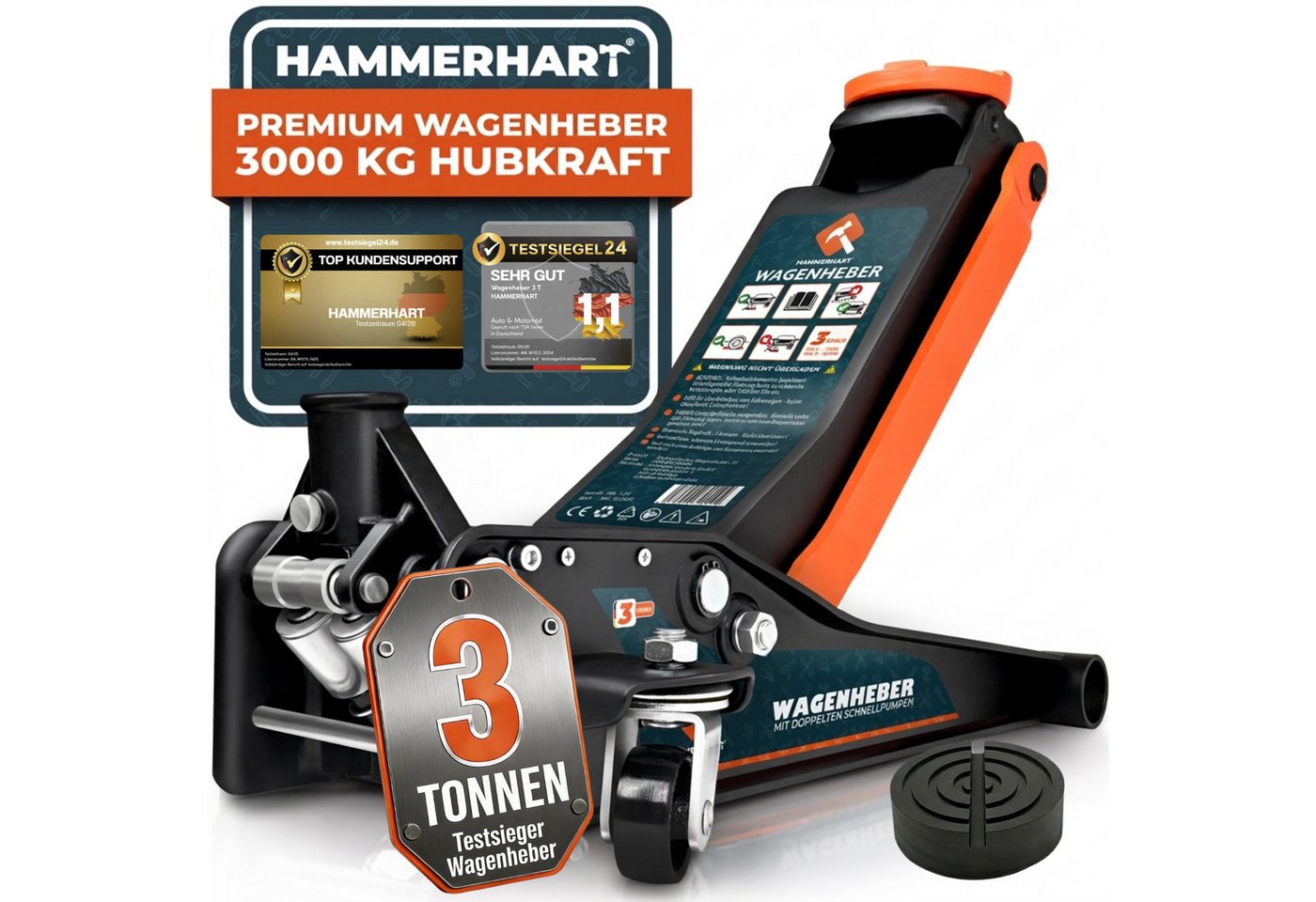 HAMMERHART Wagenheber Hydraulischer Wagenheber 3T, Flach, Doppelkolben, 75–460 mm, max. Hubhöhe: 46 cm, Premium Wagenheber 3 Tonnen, Wagenheber 3 Tonnen Bild 3