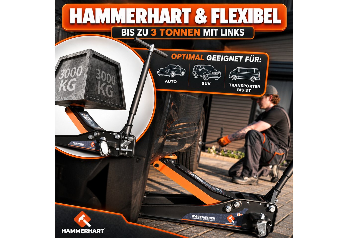 HAMMERHART Wagenheber Hydraulischer Wagenheber 3T, Flach, Doppelkolben, 75–460 mm, max. Hubhöhe: 46 cm, Premium Wagenheber 3 Tonnen, Wagenheber 3 Tonnen Bild 4
