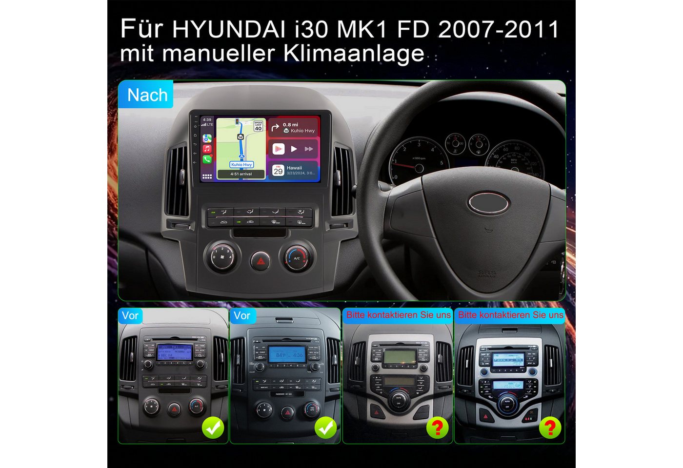 A-Sure CarPlay Android Auto Bluetooth RDS Für Hyundai i30 MK1 FD 2006-2011 Autoradio (5s Schnellstart/1280*720 Screen/Apple Carplay/Android Auto/Bluetooth) Bild 3