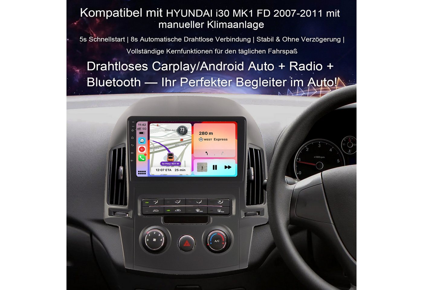 A-Sure CarPlay Android Auto Bluetooth RDS Für Hyundai i30 MK1 FD 2006-2011 Autoradio (5s Schnellstart/1280*720 Screen/Apple Carplay/Android Auto/Bluetooth) Bild 5