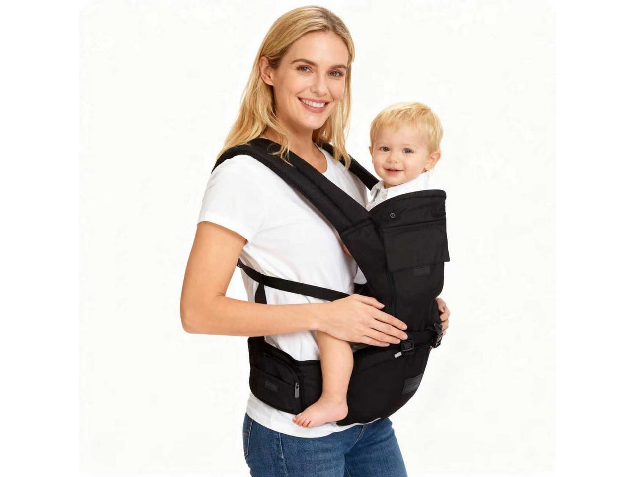 feinlux Babytrage mit Hüftsitz 6-in-1 vom Neugeborenen bis zum Kleinkind (packgue, Verstellbar von 7 bis 45 lbs, 6 Tragepositionen), Ergonomische Lendenstütze und X-förmiger Rücken
