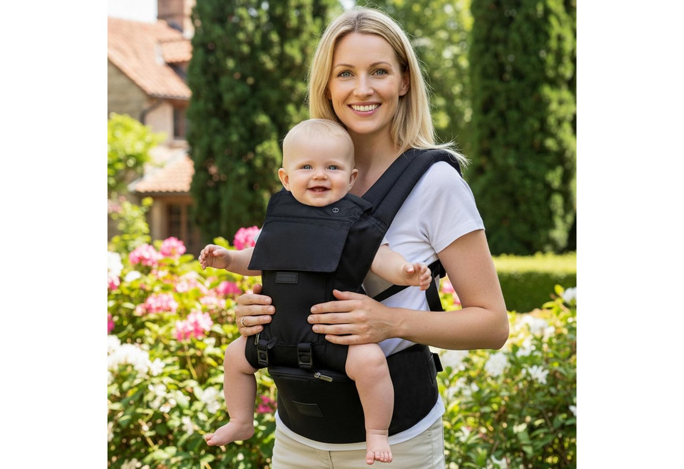 feinlux Babytrage mit Hüftsitz 6-in-1 vom Neugeborenen bis zum Kleinkind (packgue, Verstellbar von 7 bis 45 lbs, 6 Tragepositionen), Ergonomische Lendenstütze und X-förmiger Rücken Bild 2