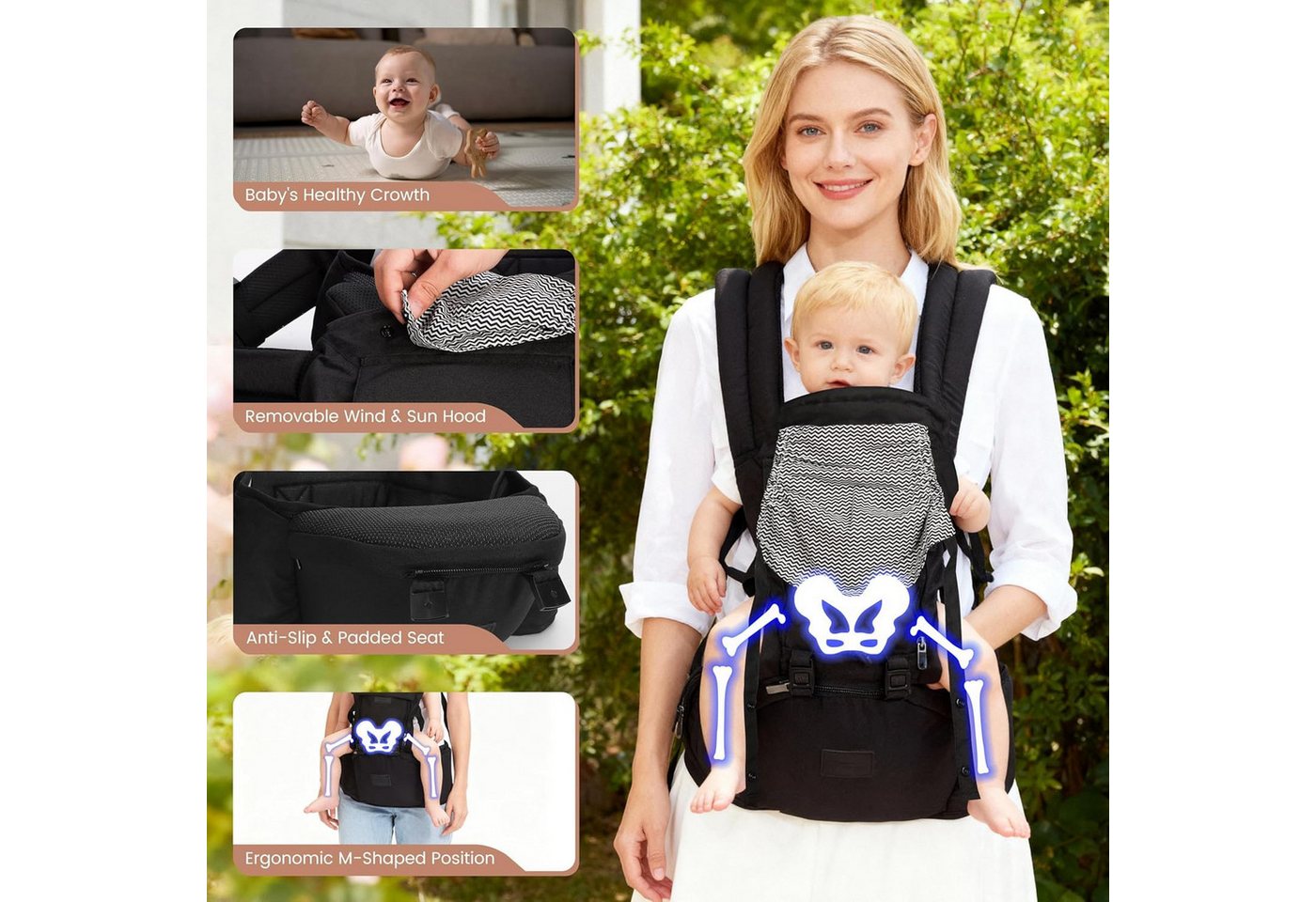 feinlux Babytrage mit Hüftsitz 6-in-1 vom Neugeborenen bis zum Kleinkind (packgue, Verstellbar von 7 bis 45 lbs, 6 Tragepositionen), Ergonomische Lendenstütze und X-förmiger Rücken Bild 5