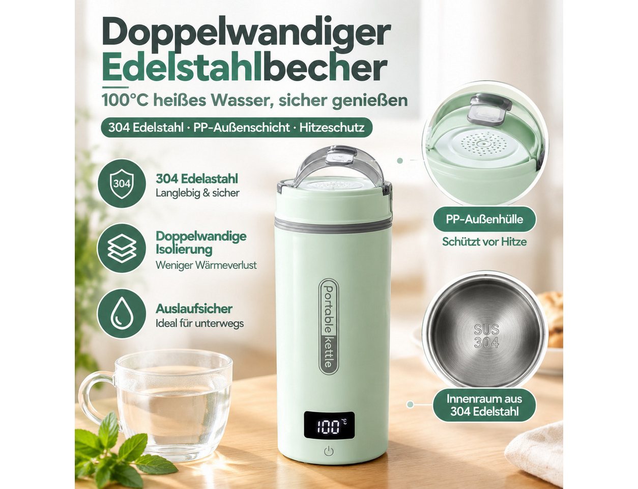 Fyrove Wasserkocher Mini Reisewasserkocher 400ml mit Temperaturanzeige, 304 Edelstahl, 300 W
