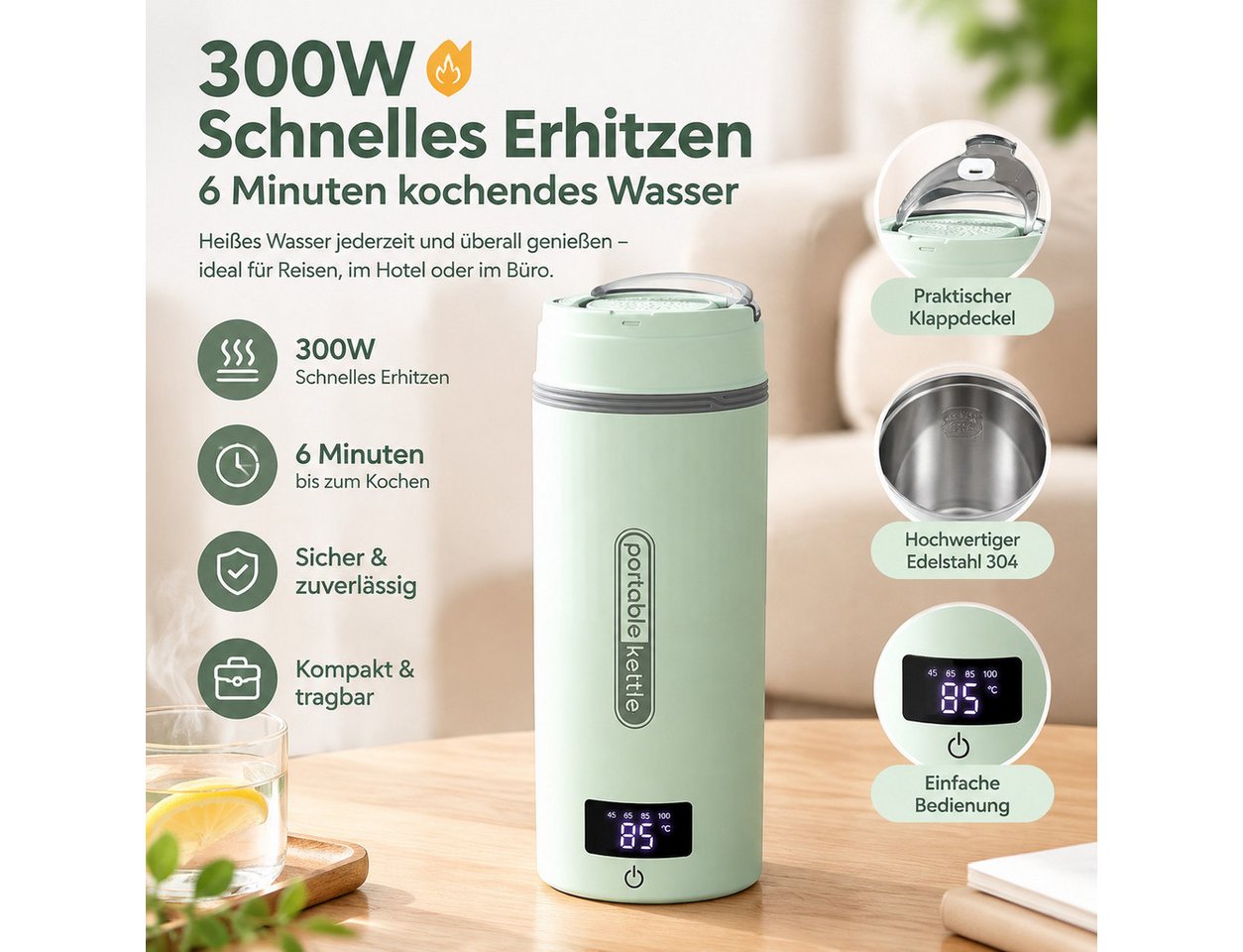 Fyrove Wasserkocher Mini Reisewasserkocher 400ml mit Temperaturanzeige, 304 Edelstahl, 300 W Bild 2