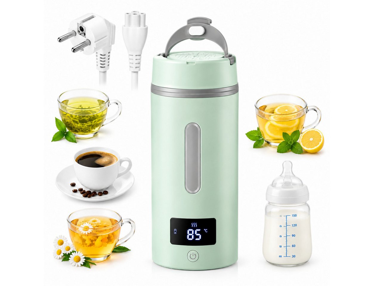 Fyrove Wasserkocher Mini Reisewasserkocher 400ml mit Temperaturanzeige, 304 Edelstahl, 300 W Bild 3