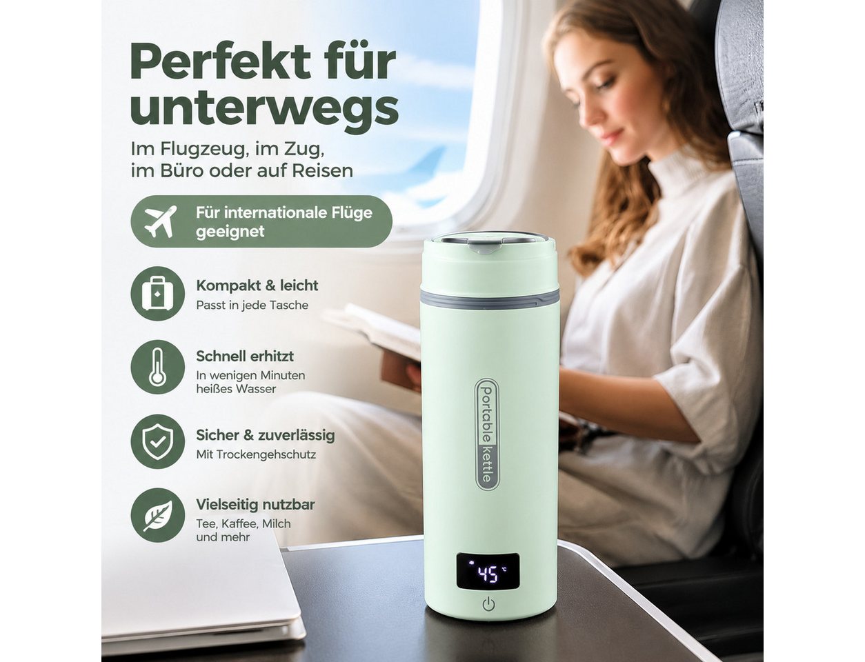 Fyrove Wasserkocher Mini Reisewasserkocher 400ml mit Temperaturanzeige, 304 Edelstahl, 300 W Bild 4