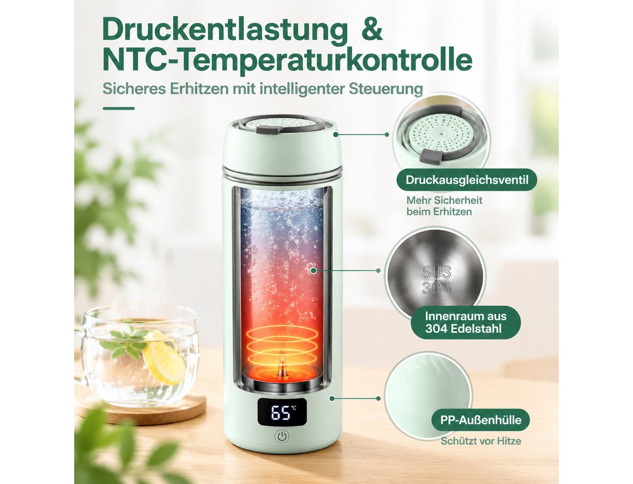 Fyrove Wasserkocher Mini Reisewasserkocher 400ml mit Temperaturanzeige, 304 Edelstahl, 300 W Bild 5