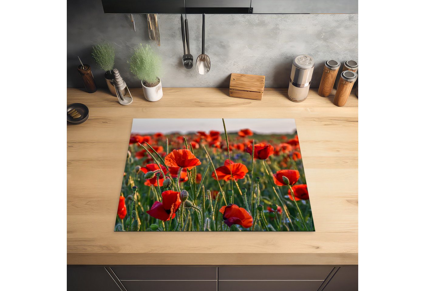 MuchoWow Herd-Abdeckplatte Mohnblumen - Rot - Grün - Blumen, Vinyl, (1 tlg), Herdabdeckplatten für Ceranfeld, Induktionsschutz, 65x55 cm