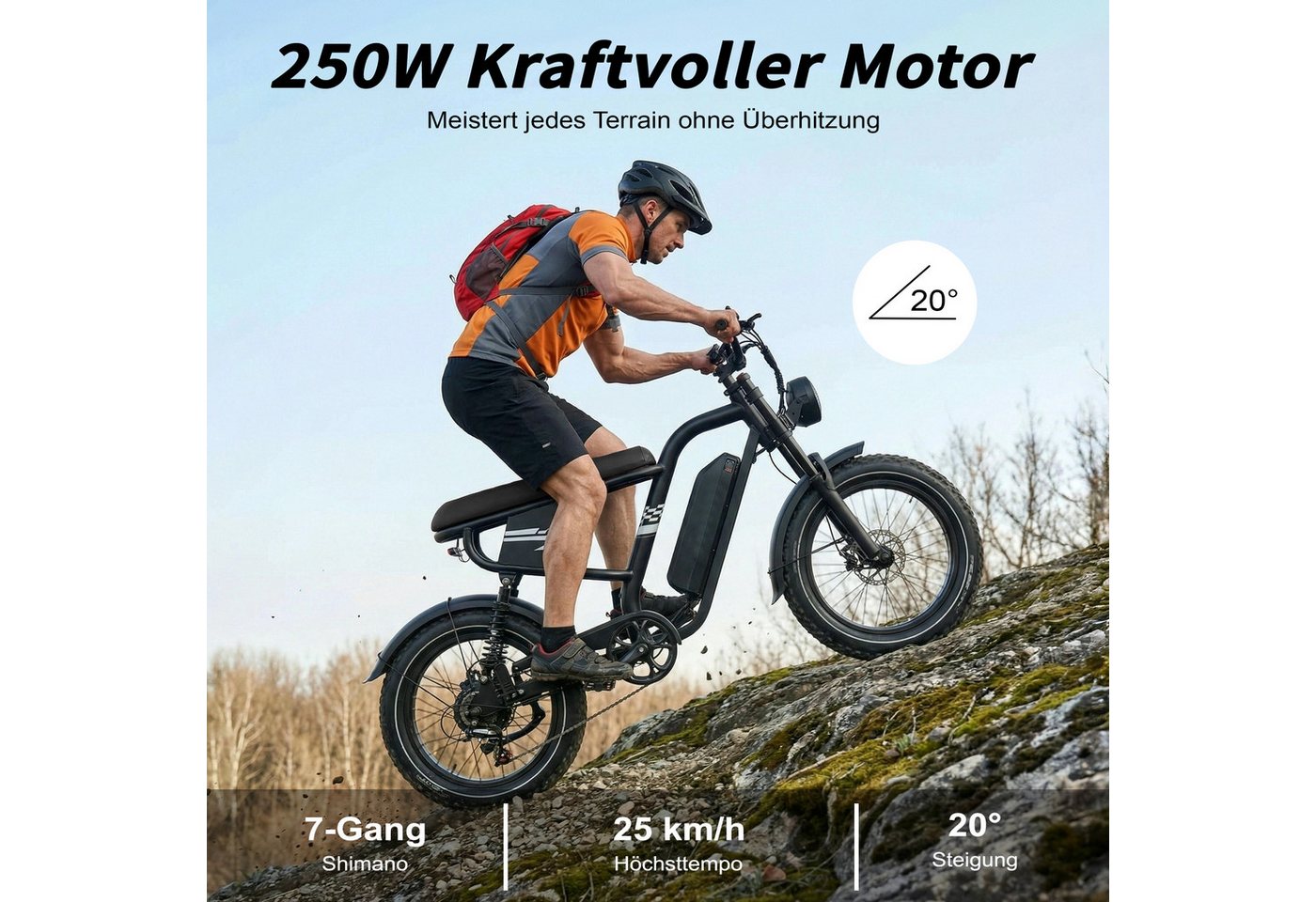 Vankel E-Bike Cityrad Herren Damen Fatbike Pedelec 20 Zoll 250W 648Wh 100km Full-Suspension, Kettenschaltung, Heckmotor, 648 Wh, Shimano 7-Gang Hydraulische Scheibenbremse 160mm Kenda 20 Zoll 38kg Bild 2