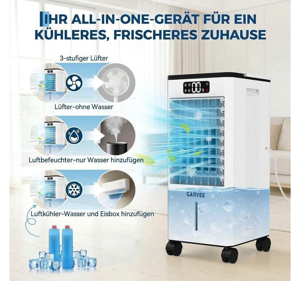 GarveeMore Ventilatorkombigerät Tragbare leise Klimaanlage 3in1,energiesparender Lüfter Luftbefeuchter, Tragbare leise,3 Geschwindigkeiten,12h Timer,120° Oszillation