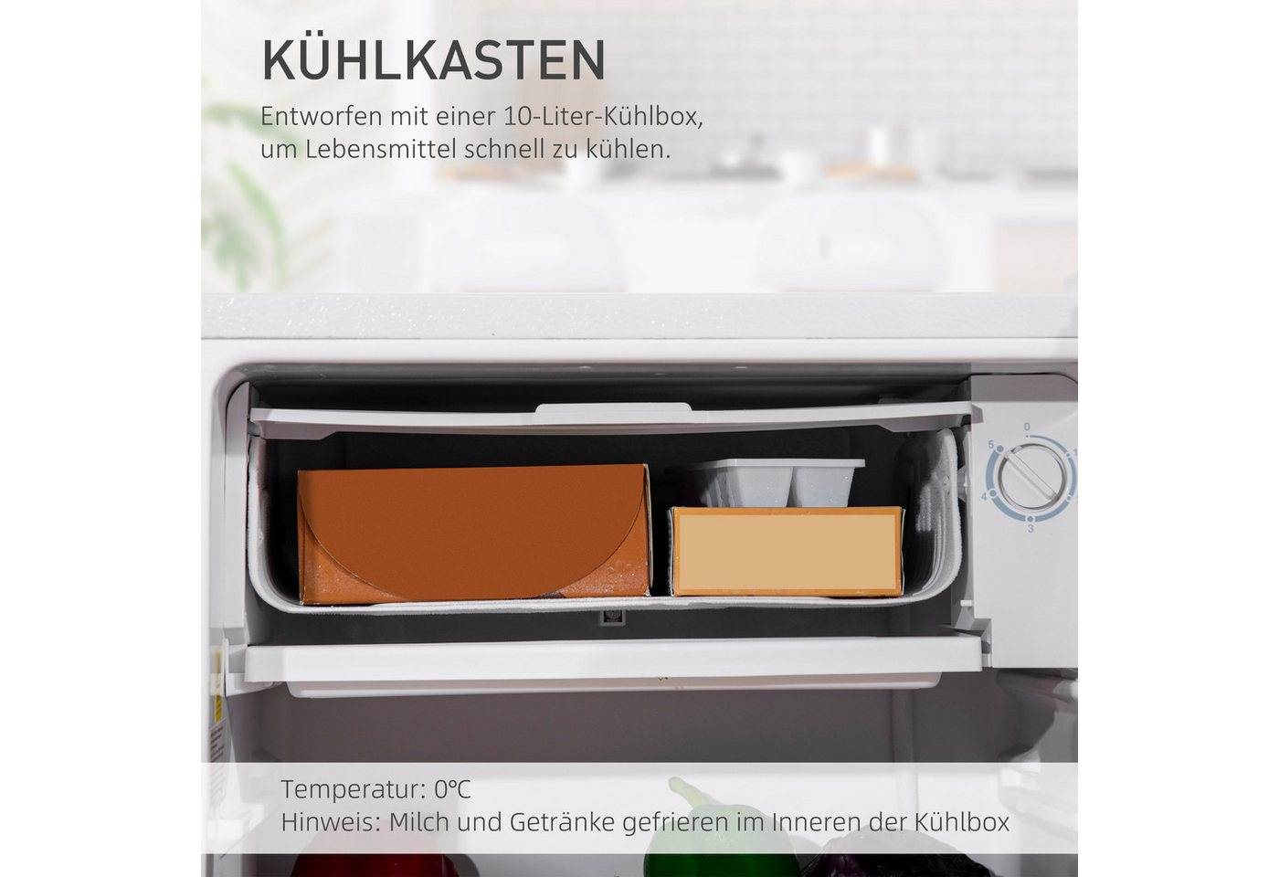 HOMCOM Table Top Kühlschrank HOMCOM 800-129V90WT, 84 cm hoch, 47.5 cm breit, für Camping, Büro, Schlafzimmer, Weiß