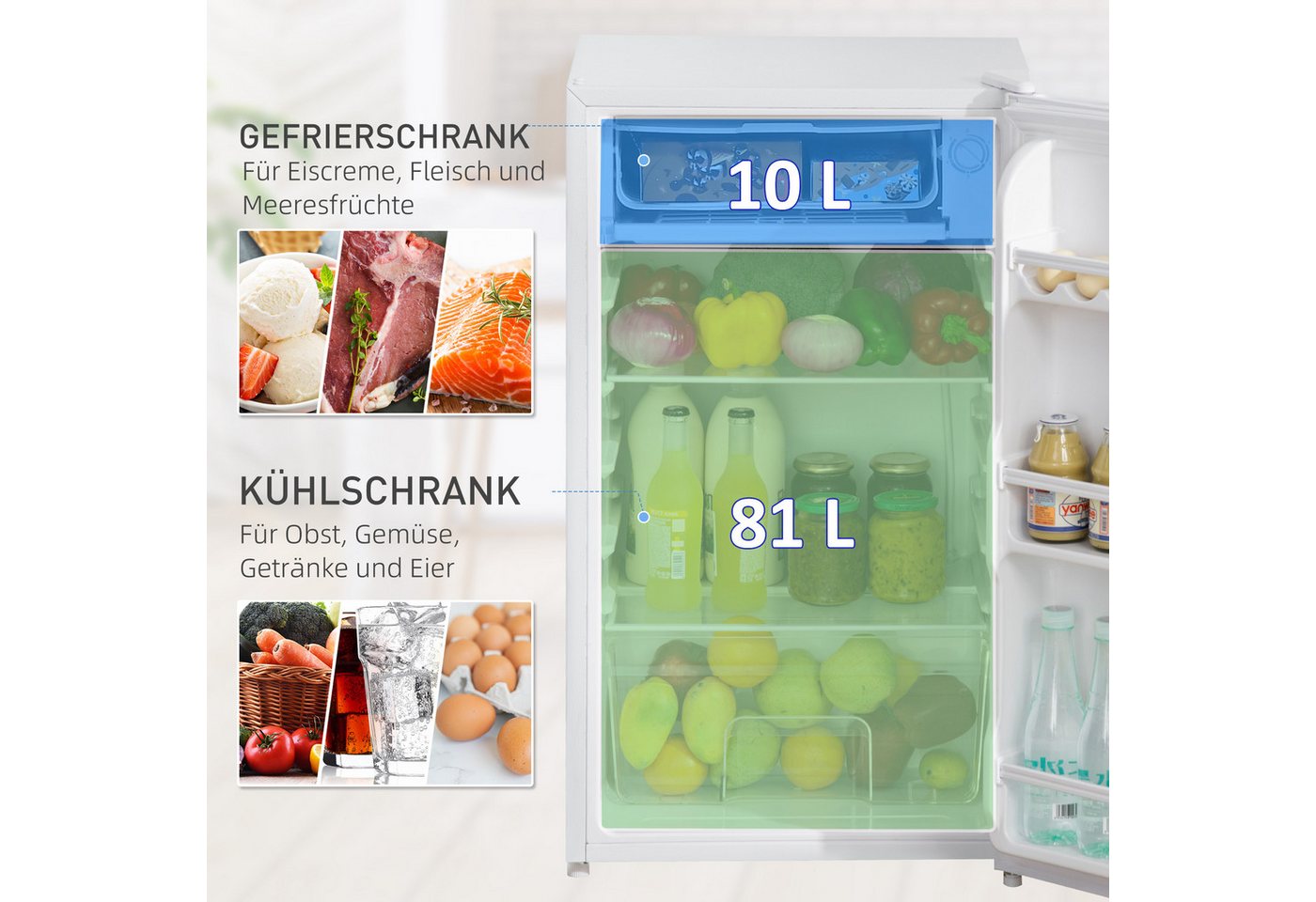 HOMCOM Table Top Kühlschrank HOMCOM 800-129V90WT, 84 cm hoch, 47.5 cm breit, für Camping, Büro, Schlafzimmer, Weiß Bild 5