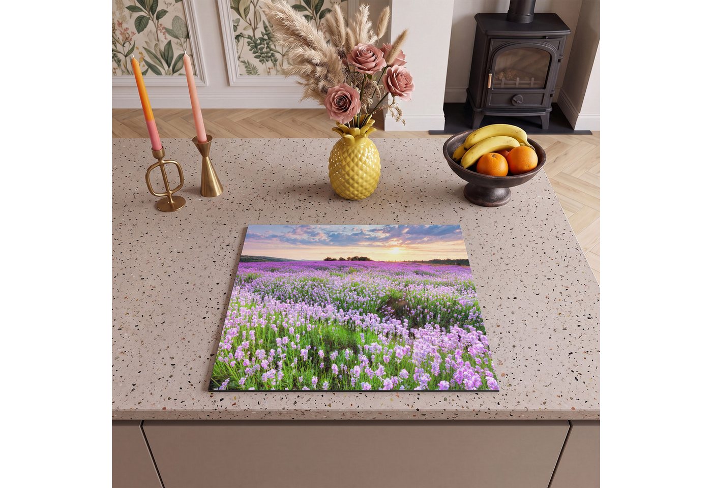MuchoWow Herd-Abdeckplatte Lavendel - Blumen - Sonnenuntergang - Lila - Wiese, Vinyl, (1 tlg), Abdeckplatte für Ceranfeld, Herd Inductionsmatte, 57.6x51.6 cm Bild 2