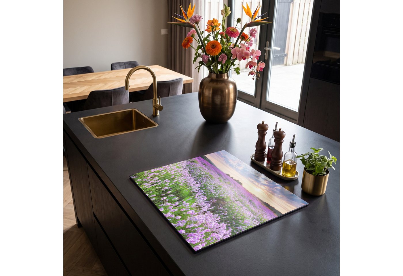 MuchoWow Herd-Abdeckplatte Lavendel - Blumen - Sonnenuntergang - Lila - Wiese, Vinyl, (1 tlg), Abdeckplatte für Ceranfeld, Herd Inductionsmatte, 57.6x51.6 cm Bild 5