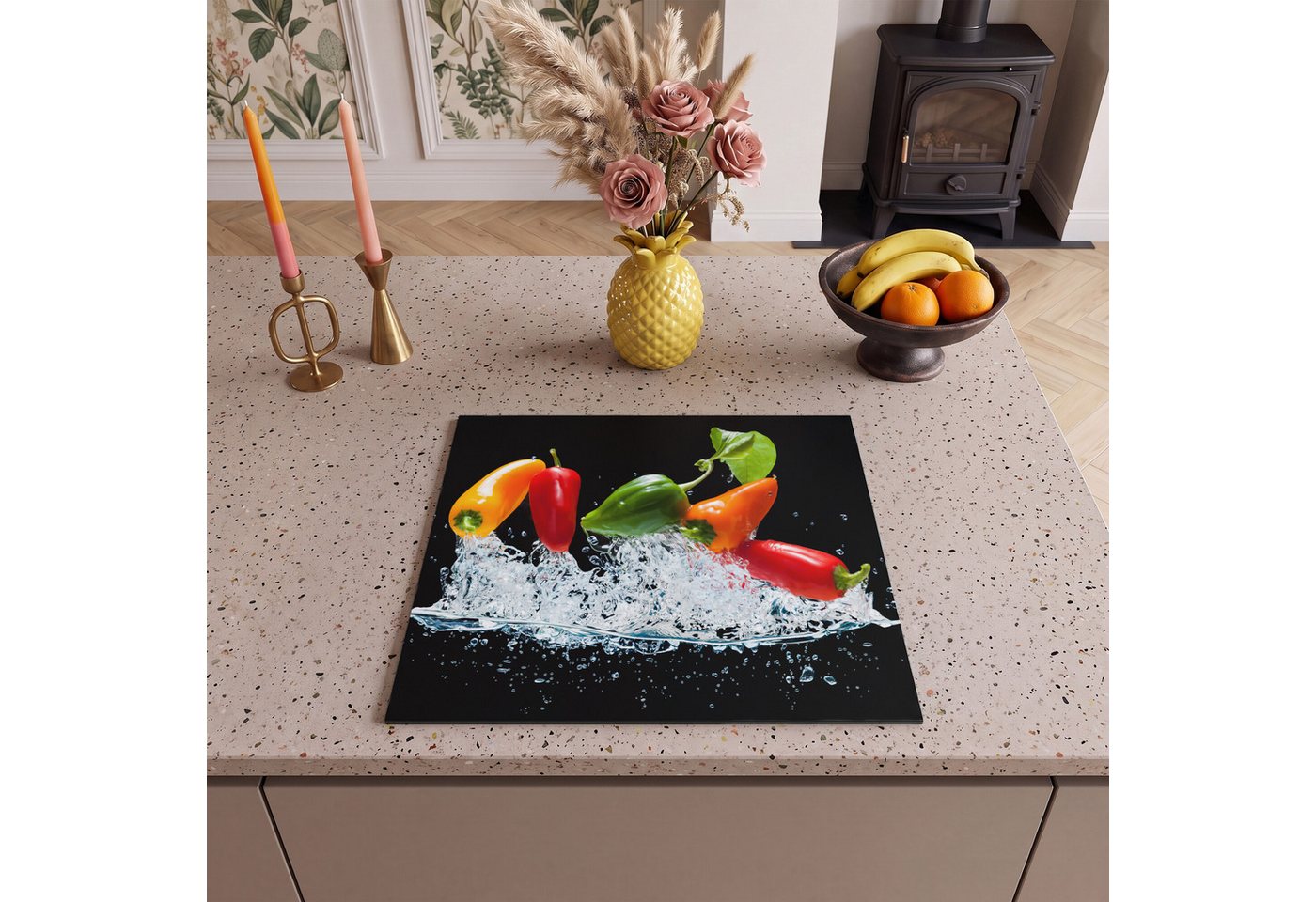 MuchoWow Herd-Abdeckplatte Paprika - Schwarz - Gemüse - Wasser - Blatt, Vinyl, (1 tlg), Abdeckplatte für Ceranfeld, Herd Inductionsmatte, 57.6x51.6 cm