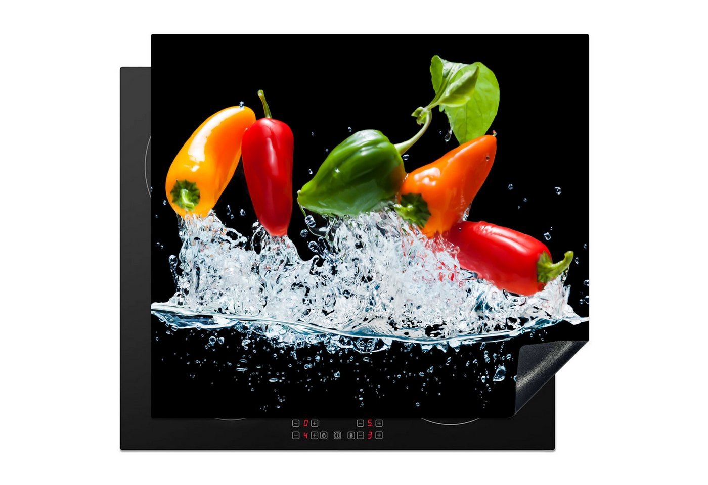 MuchoWow Herd-Abdeckplatte Paprika - Schwarz - Gemüse - Wasser - Blatt, Vinyl, (1 tlg), Abdeckplatte für Ceranfeld, Herd Inductionsmatte, 57.6x51.6 cm Bild 5