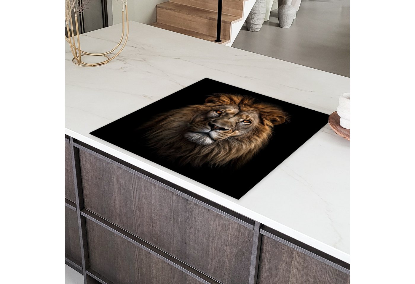MuchoWow Herd-Abdeckplatte Löwe - Porträt - Tiere - Schwarz, Vinyl, (1 tlg), Cerankochfeld Abdeckung, Herd Abdeckplatten Vinyl, 58x59 cm Bild 2