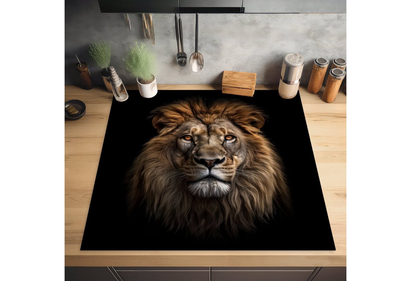 MuchoWow Herd-Abdeckplatte Löwe - Porträt - Tiere - Schwarz, Vinyl, (1 tlg), Cerankochfeld Abdeckung, Herd Abdeckplatten Vinyl, 58x59 cm Bild 4