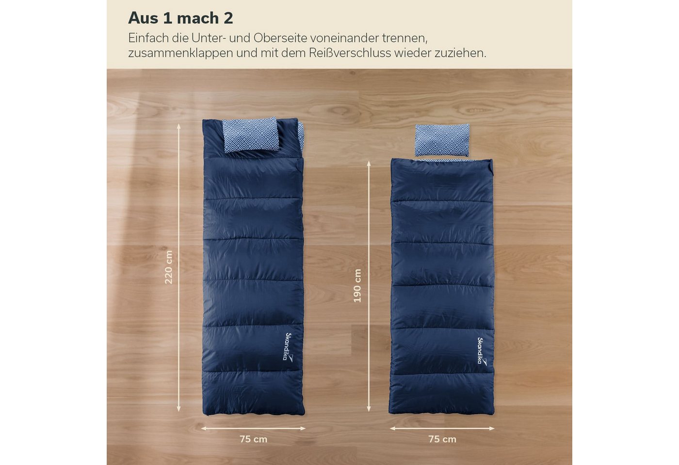 Skandika Schlafsack Iceland Double Flanell, 3 Jahreszeiten, 100% Baumwolle, Kissen (2-Wege-Reißverschluss mit Kälteschutz, Stoffsteg, Webbandklemmschutz), Waschmaschinenfest, 220 x 150 cm, Deckenschlafsack/Familienschlafsack