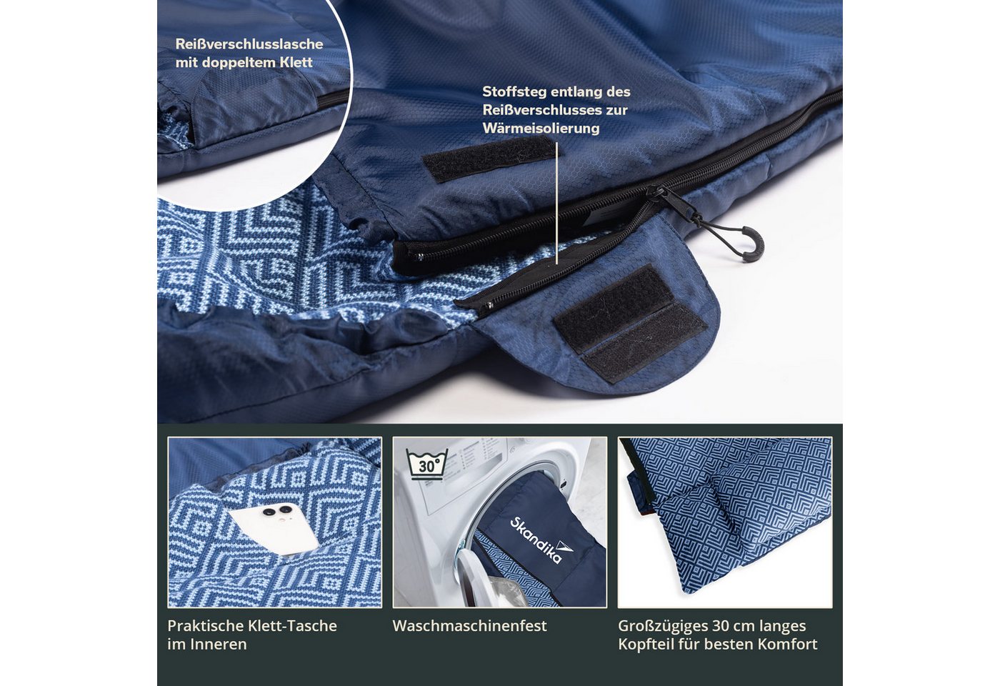 Skandika Schlafsack Iceland Double Flanell, 3 Jahreszeiten, 100% Baumwolle, Kissen (2-Wege-Reißverschluss mit Kälteschutz, Stoffsteg, Webbandklemmschutz), Waschmaschinenfest, 220 x 150 cm, Deckenschlafsack/Familienschlafsack Bild 2