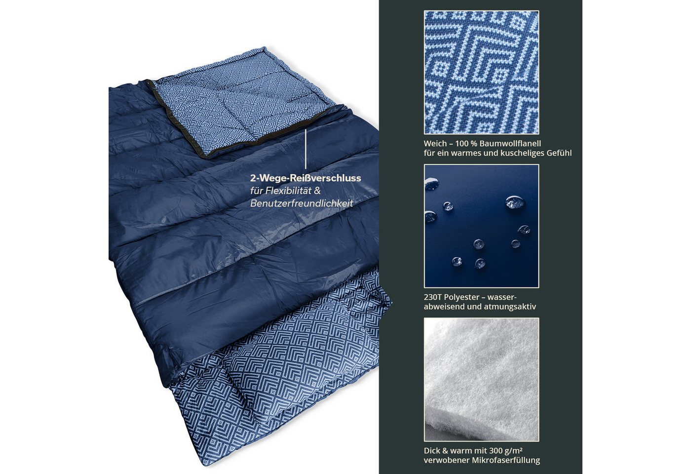Skandika Schlafsack Iceland Double Flanell, 3 Jahreszeiten, 100% Baumwolle, Kissen (2-Wege-Reißverschluss mit Kälteschutz, Stoffsteg, Webbandklemmschutz), Waschmaschinenfest, 220 x 150 cm, Deckenschlafsack/Familienschlafsack Bild 3