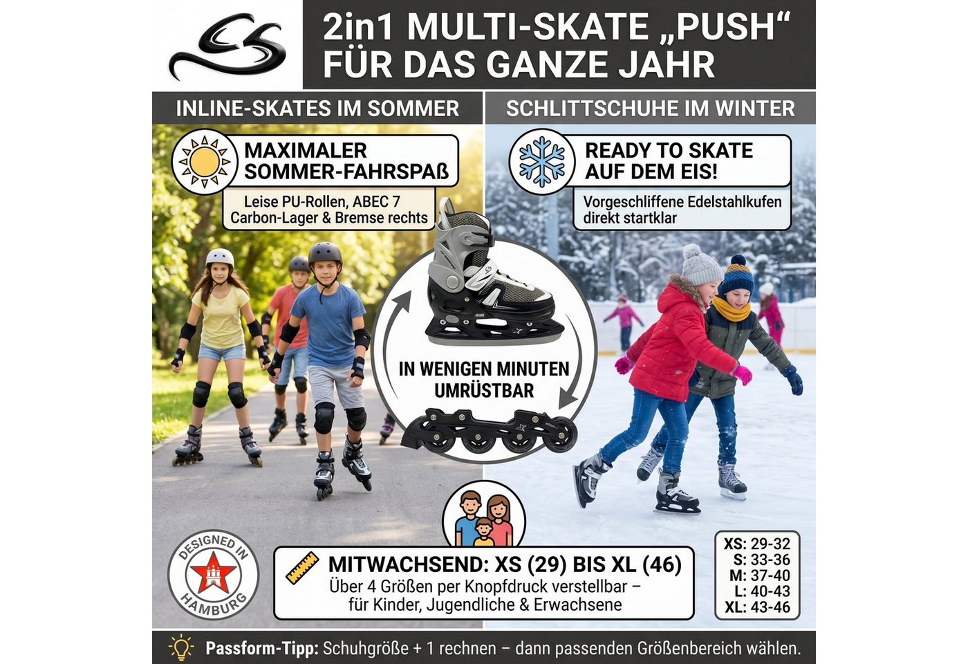 Cox Swain Inlineskates Cox Swain Push 2in1 Inliner & Schlittschuhe S 33-36, (2-St), Mitwachsende Kombi-Skates mit PU-Rollen, ABEC 7 & Edelstahlkufen Bild 3