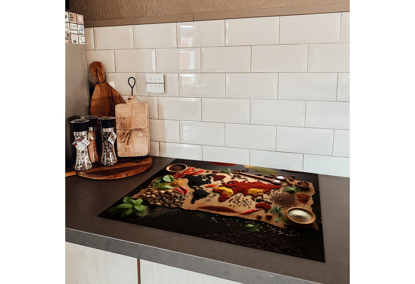 MuchoWow Herd-Abdeckplatte Kräuter - Gewürze - Weltkarte - Braun - Löffel - Farbenfroh, Vinyl, (1 tlg), Herdabdeckplatten für Ceranfeld, Induktionsschutz, 65x55 cm
