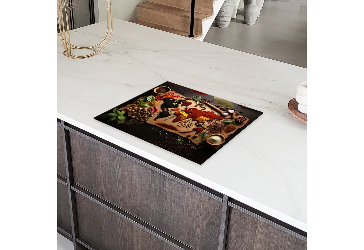 MuchoWow Herd-Abdeckplatte Kräuter - Gewürze - Weltkarte - Braun - Löffel - Farbenfroh, Vinyl, (1 tlg), Herdabdeckplatten für Ceranfeld, Induktionsschutz, 65x55 cm Bild 2