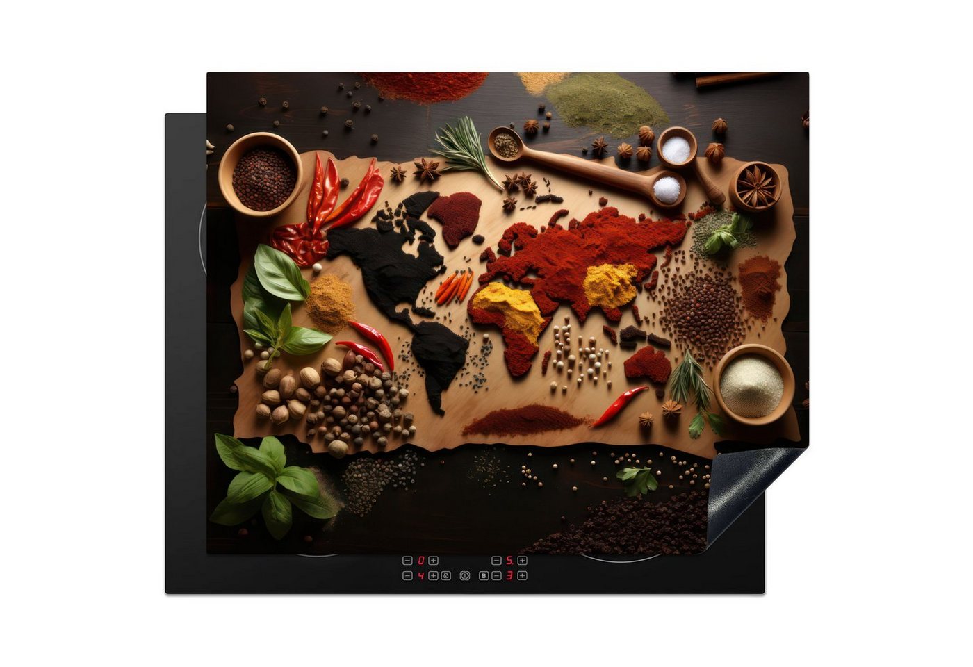 MuchoWow Herd-Abdeckplatte Kräuter - Gewürze - Weltkarte - Braun - Löffel - Farbenfroh, Vinyl, (1 tlg), Herdabdeckplatten für Ceranfeld, Induktionsschutz, 65x55 cm Bild 5