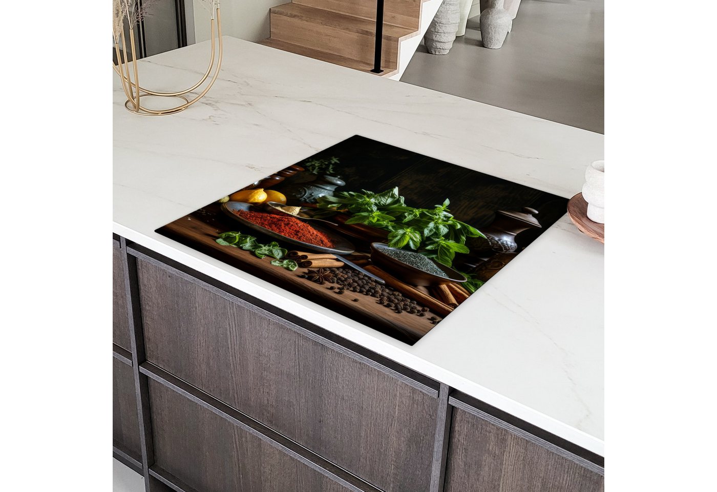 MuchoWow Herd-Abdeckplatte Stilleben - Kräuter - Schwarz, Vinyl, (1 tlg), Cerankochfeld Abdeckung, Herd Abdeckplatten Vinyl, 58x59 cm Bild 2